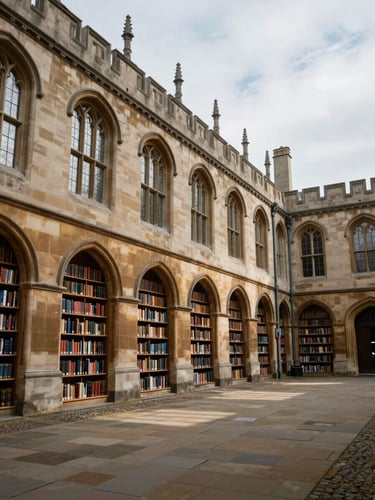 Architectural wide angle of a historic European university campus library, soft natural overcast light streaming through arched windows