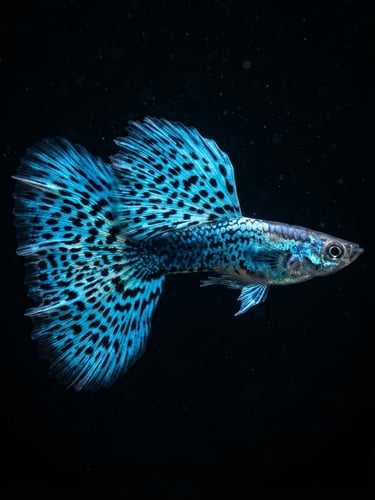 Extreme macro shot of a male Blue Grass guppy with massive dorsal spread, vibrant neon blue and black spots, swimming in dark water, dramatic LED lighting, tack-sharp focus