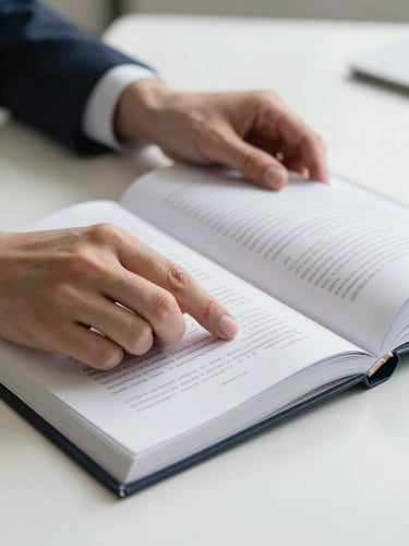 Close-up of hands turning pages of a bound financial report on a clean desk surface, overhead office lighting, no face visible, crisp and formal