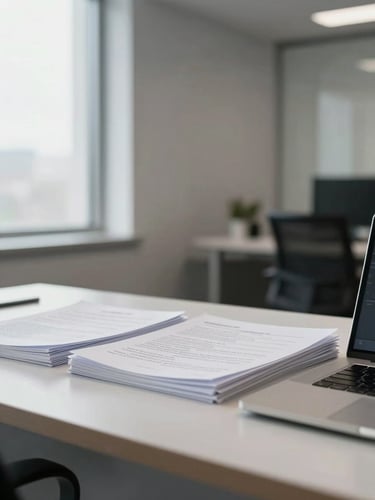 Wide shot of a professional office interior, a desk with neatly arranged documents and a closed laptop visible in the foreground, diffuse natural window light from the left, no person present, clean and austere