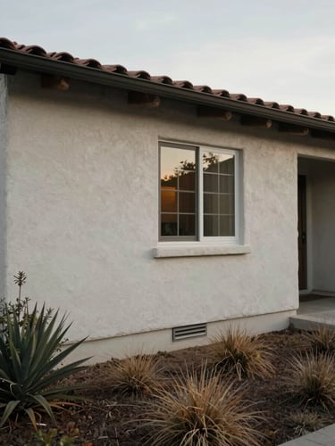 Wide shot of a stucco-sided California ranch home exterior at overcast midday, a sealed crawl space vent panel visible low on the wall, dry landscaping in foreground, muted natural light