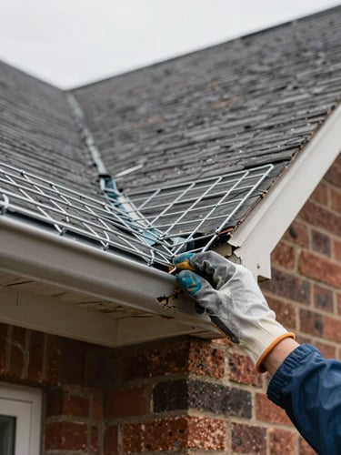 Close-up of gloved hands pressing steel mesh into a sealed roof soffit gap on a brick suburban home, overcast morning light, weathered wood trim visible at edge, clear focus on the sealed entry point