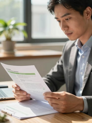 Close-up portrait of a professional agricultural advisor reviewing trade documents in a sunlit office, warm natural daylight, soft focus on organic textures, professional B2B setting.