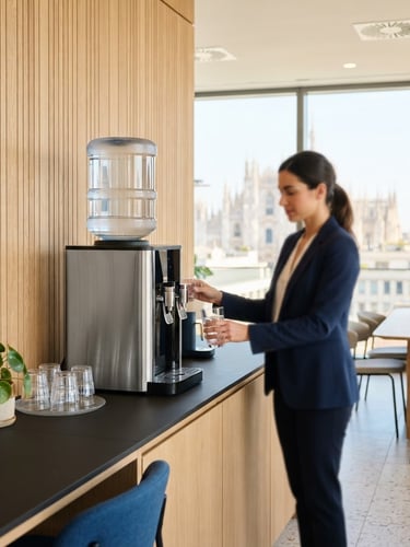 A modern, sunlit corporate breakroom in Milan, a sleek water dispenser stands against a minimalist oak wall, a professional employee in the background filling a glass, bright natural daylight.