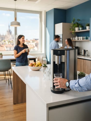 A bright, sunlit office breakroom in Milan. A sleek water dispenser stands on a clean countertop, with a person naturally interacting in the soft-focus background. Natural daylight, editorial style.