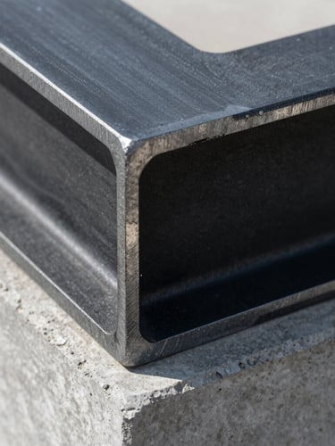 Macro detail of a black steel I-beam perfectly embedded into raw grey concrete, crisp noon light highlighting the texture.