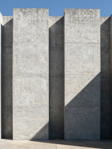 Frontal symmetrical view of a monolithic concrete facade with sharp geometric shadows cast by harsh noon light, minimal landscaping.