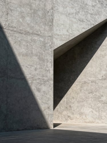 Monolithic concrete facade with sharp geometric shadows under harsh sunlight, single point perspective