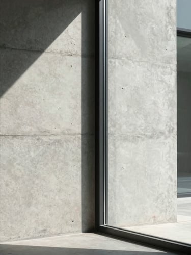 Vertical portrait of a raw concrete wall meeting a floor-to-ceiling glass panel, sharp shadow lines, minimalist construction detail