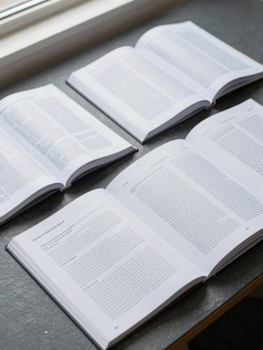 A clean overhead shot of open research journals, peer-reviewed monographs, and scientific manuscripts arranged on a dark slate library desk, bright natural daylight, cool desaturated tones.