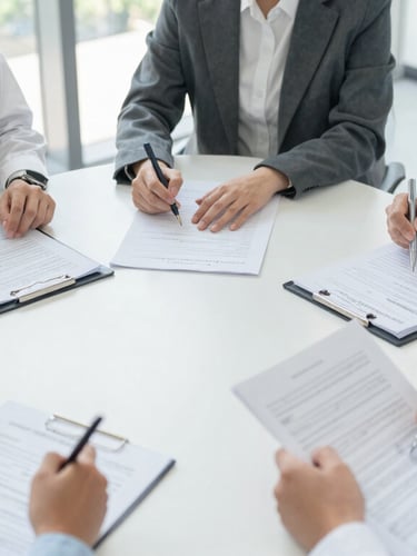 A collaborative academic roundtable with researchers analyzing printed data sheets, bright natural daylight, cool desaturated tones, professional setting.