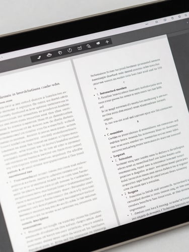 A close-up of a digital publishing interface on a screen, clean editorial photography, bright natural daylight, showing structured scientific manuscript text and editing tools