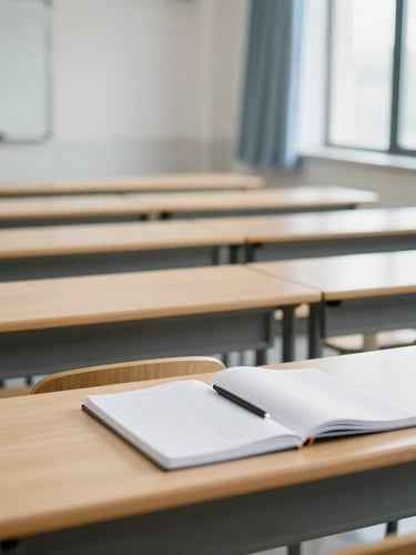 A clean environmental shot of a modern university seminar room, bright natural daylight, cool desaturated tones, sharp focus, empty wooden tables with notebooks