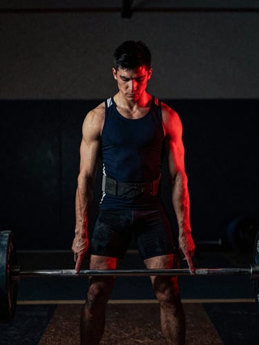 Moody athletic photography of a focused athlete preparing for a lift, low-key lighting with dramatic red highlights, dark charcoal background, 35mm film