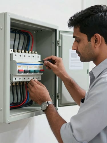 A clean-cut technician in a professional uniform working on an electrical breaker panel inside a well-lit Pakistani office, sharp focus, utility lighting