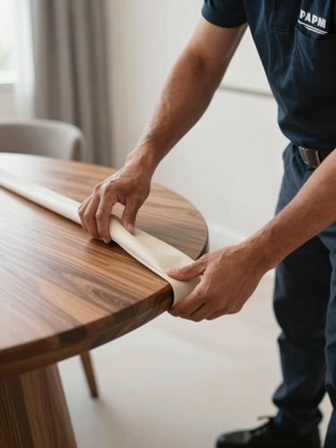 Close-up of a professional uniformed mover carefully wrapping a luxury wooden table edge with thick protective padding inside a bright, modern Dubai apartment