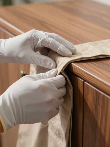 A close-up of gloved hands carefully wrapping the polished wooden edge of a designer cabinet with thick, protective padded fabric, bright natural daylight.