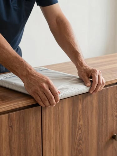 Close-up of a uniformed mover's hands carefully securing a protective padded wrap around the edge of a high-end wooden credenza, bright natural light, clean modern interior.