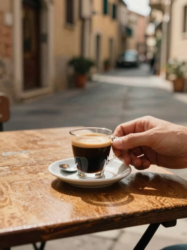 A close-up of a hand holding a fresh espresso at a tiny wooden table in a sun-drenched Italian alleyway, warm 35mm film aesthetic