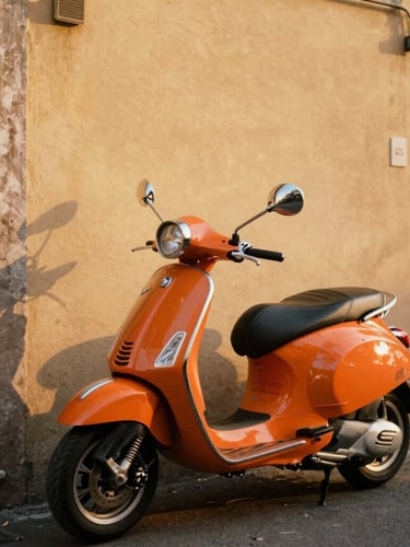 A vintage orange Vespa parked against a warm, sun-drenched plaster wall in a narrow Italian alleyway, cinematic golden-hour light, 35mm film aesthetic.