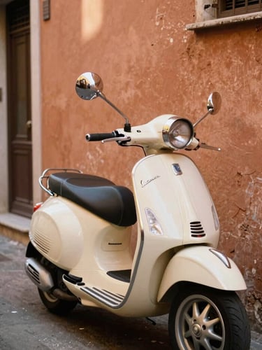 A vintage cream Vespa parked against a sun-drenched, textured terracotta wall in a narrow Italian alleyway, warm morning light, cinematic 35mm film aesthetic.