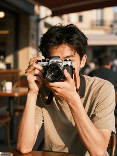 A candid portrait of a young photographer with a vintage 35mm film camera, warm golden-hour sunlight casting long shadows, soft focus, European cafe background.