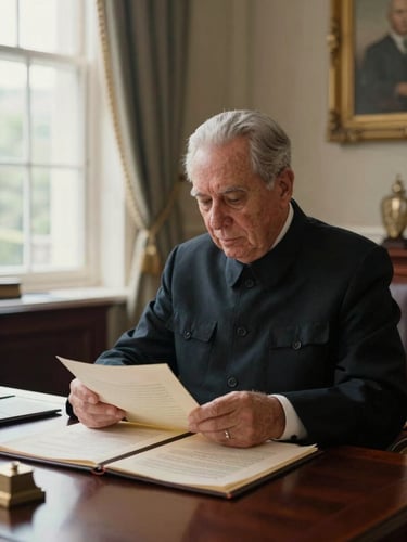 Dignified editorial photography of a senior administrator reviewing constitutional documents in a warm, naturally lit office, soft window light, deep rich tones, classic composition, 35mm lens.
