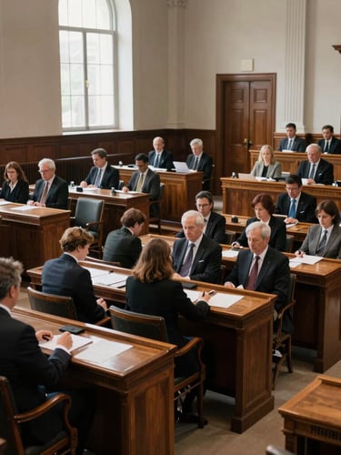 Professional politicians in business suits attending a formal government legislative session in a courtroom.