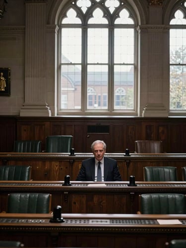 Dignified editorial photography of a formal parliamentary chamber in the UK, soft natural light streaming through high arched windows, deep rich tones, classic composition, 35mm lens.