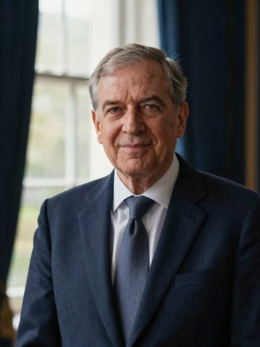 Dignified portrait of a British diaspora community leader, warm natural window light, deep navy background, classic composition, 35mm lens.