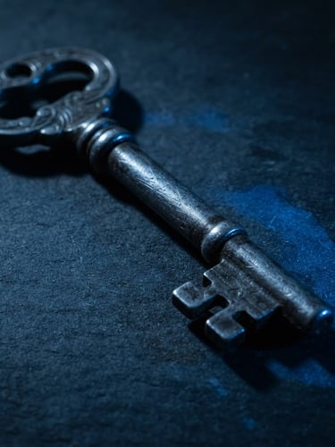 Macro close-up of a heavy physical steel key casting a sharp shadow on a dark matte surface, cinematic blue directional light, 35mm