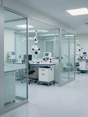 Panoramic wide shot of a high-tech corporate OSGB clinical environment, clean glass partitions, professional medical equipment visible in the background, cool natural lighting.