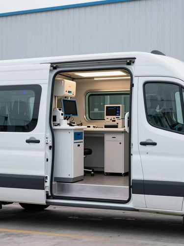 Modern mobile health screening vehicle parked outside a clean high-tech industrial plant, clinical equipment visible inside the open door, professional lighting.
