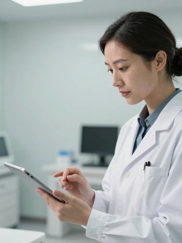 Modern medical clinic interior, a professional workplace physician in a clean white coat reviewing health data on a tablet, soft clinical lighting, professional and reassuring atmosphere