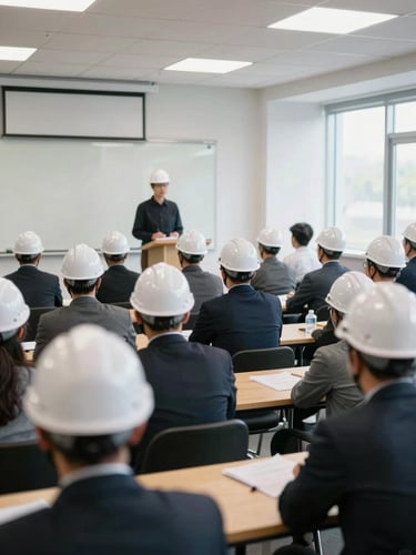 Modern and bright corporate training room, workers wearing white helmets participating in an interactive safety seminar, natural window light, professional atmosphere.
