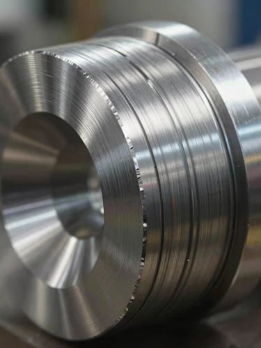Close-up of a physical machined steel component showing precise circular toolpaths, sharp workshop lighting, metallic reflections.