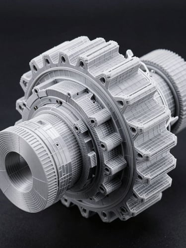 Macro close-up of a 3D CAD wireframe model of a planetary gearbox, clinical white lines on dark background, high precision engineering detail.