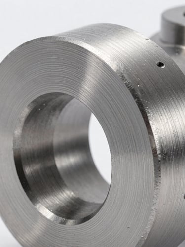Macro close-up of a CNC machined steel component, visible circular toolpaths on the metal surface, clinical bright studio lighting, high precision engineering.