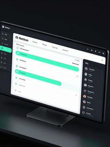 Sleek 3D render of a Notion dashboard with project management data, crisp neon mint accents, dark mode, clean isometric perspective, on a modern desk with ambient low-key lighting, UI elements clearly visible, wide aspect.