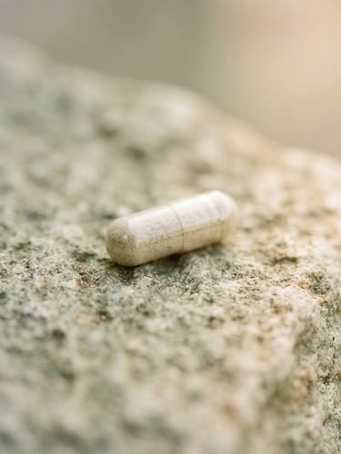Macro shot of a single vegan capsule resting on a textured sage-colored stone, soft morning daylight, shallow depth of field