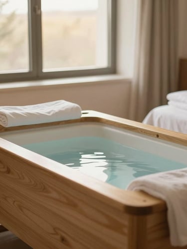 A spacious birth suite with a warm wooden birthing pool, soft golden lighting from a window, clean linens, and supportive active birth tools, serene atmosphere.