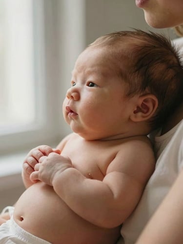Close-up of a mother holding her newborn skin-to-skin under soft, warm window light, capturing an authentic moment of bonding, shallow depth of field.