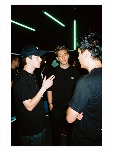 Gritty backstage photo of music journalists talking to an independent artist under high-contrast neon green lights, 35mm flash photography style