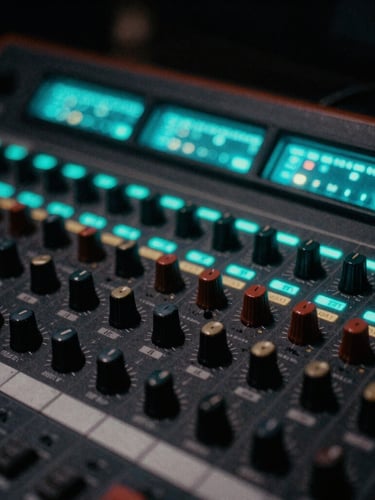 Moody close-up of analog studio mixing gear with glowing cyan neon backlights, dark saturated tones, raw 35mm photography.