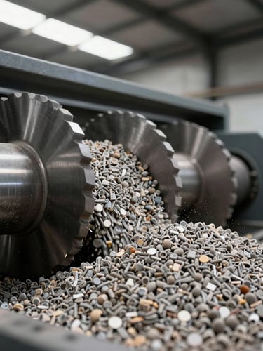 Close-up of industrial pelletizer blades cutting reprocessed plastic granules, high-contrast metallic textures, warehouse light.