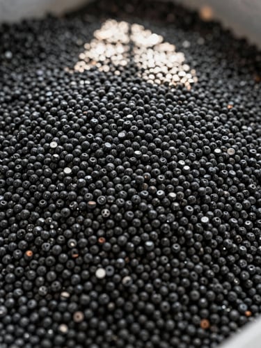 Macro close-up of uniform black reprocessed polymer granules in a heavy-duty container, sharp focus on consistent pellet texture, warehouse skylight casting high-contrast shadows, 35mm