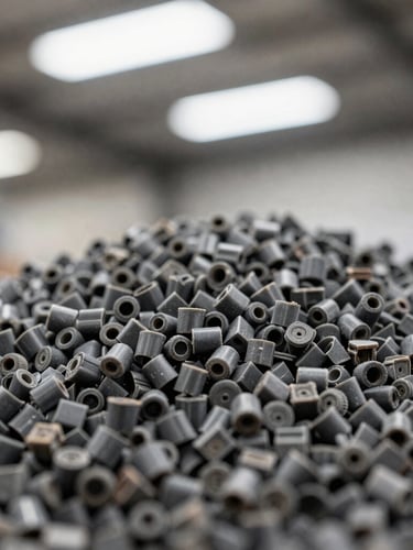 Macro close-up of uniform dark grey reprocessed plastic granules, sharp industrial focus, harsh warehouse skylight, 35mm