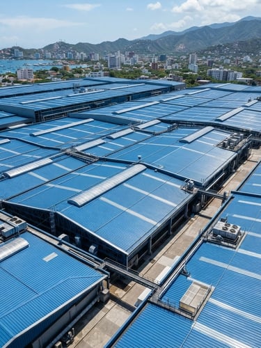 High-angle architectural shot of a massive industrial warehouse roof in Santa Marta, clean blue thermoacoustic panels reflecting bright coastal sun, sharp focus