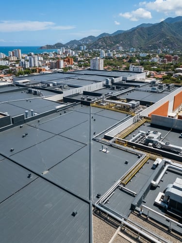 High-angle architectural photography of a commercial facility roof in Santa Marta, heat-sealed waterproofing membranes visible, bright tropical daylight, high contrast, deep slate and blue tones, sharp focus, 35mm lens
