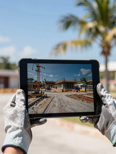 Close-up of a rugged tablet displaying a live video feed of a construction site, held by an engineer wearing safety gloves on a bright sunny day.